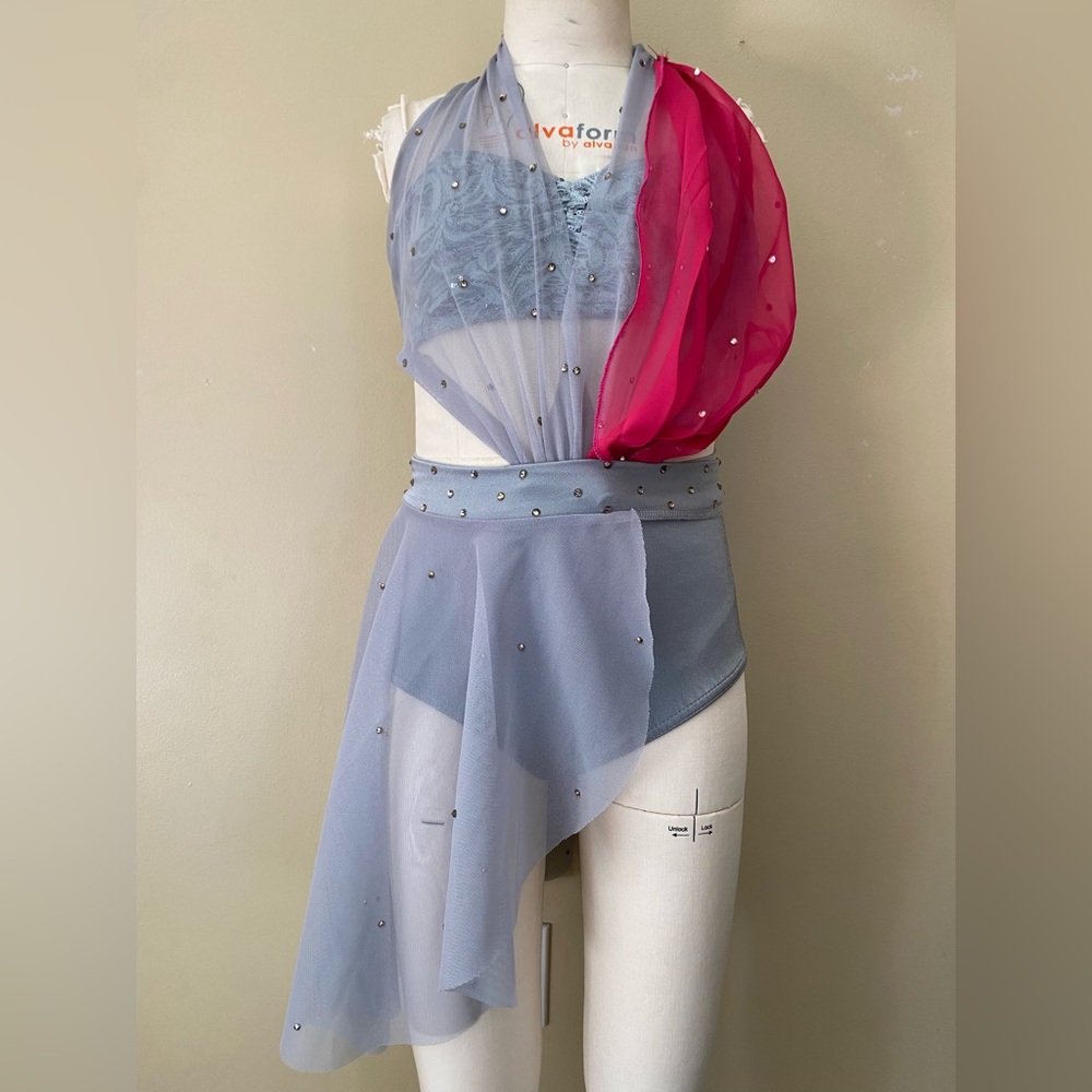 Silver Grey Lyrical Dance Costume Leotard & Skirt with Rhinestones Child Large